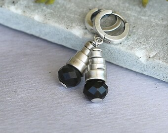 Black tourmaline earrings with raw silver in bohemian style. Unique oxidized earrings. Trending now gift for her or for him