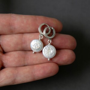 White Coin Pearl Earrings, Sterling Silver Classic Earrings for Women, Simple Pearl Earrings for Her, Natural Earrings, June Birthday Gift image 2