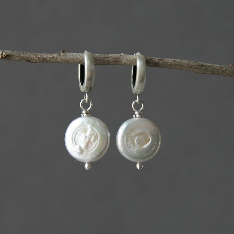 White Coin Pearl Earrings, Sterling Silver Classic Earrings for Women, Simple Pearl Earrings for Her, Natural Earrings, June Birthday Gift image 4