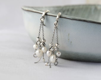 Pearl chandelier earrings, silver boho earrings, bohemian wedding earrings, festival earrings, 30th birthday gift for women