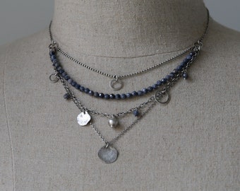 Raw Silver and Sapphire Layered Necklace for Women, Beaded Boho Charm Necklace, Trending now Gift For Women, Unique Jewelry Set