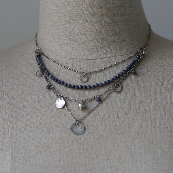 Raw Silver and Sapphire Layered Necklace for Women, Beaded Boho Charm Necklace, Trending now Gift For Women, Unique Jewelry Set