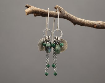 Green emerald earrings, natural malachite and sterling silver earrings, eco friendly earrings, nature forest jewelry for women