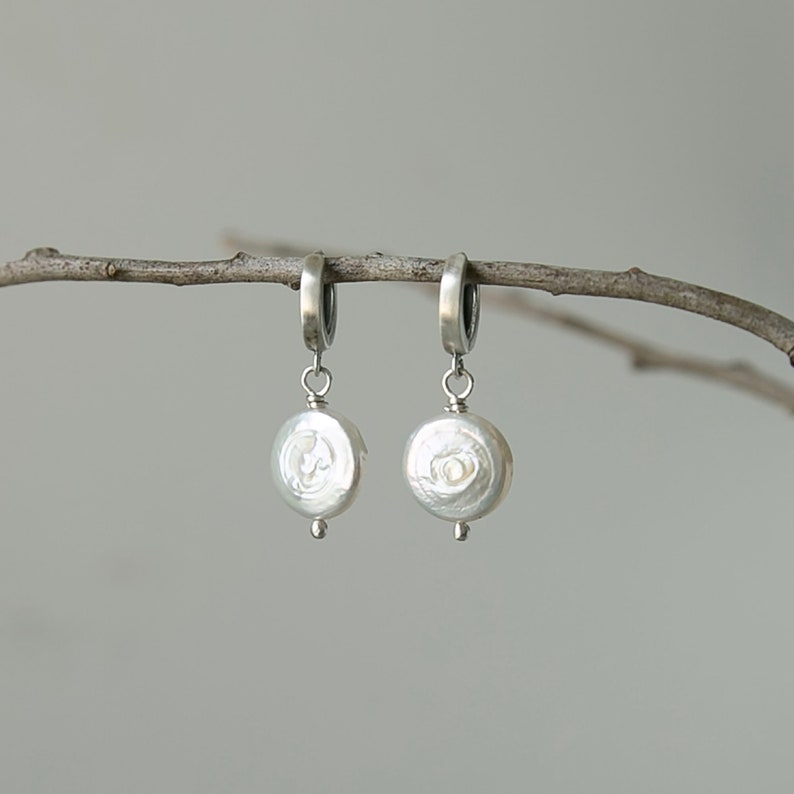 White Coin Pearl Earrings, Sterling Silver Classic Earrings for Women, Simple Pearl Earrings for Her, Natural Earrings, June Birthday Gift image 10