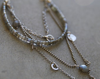 Labradorite necklace sterling silver, layered necklace for women, boho necklace gift for her, multistrand necklace, charm necklace