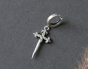 Single or Pair Dagger Earrings, Oxidized Sterling Silver Sword Earrings, Dangle Hoop Earrings for Men, Trendy Everyday Simple Jewelry