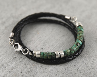 African turquoise and braided leather bracelet for men, turquoise bracelet, birthday gift for him, mens bracelet, valentines gift for him