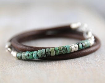 African turquoise and leather bracelet for men, gift for men, silver leather and turquoise bracelet, 1 year anniversary gift for boyfriend