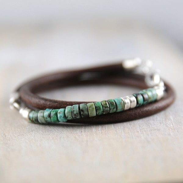 African turquoise and leather bracelet for men, gift for men, silver leather and turquoise bracelet, 1 year anniversary gift for boyfriend