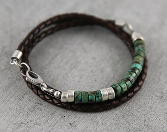 Pulseira de couro e turquesa africana para homens, pulseira de turquesa, pulseira de couro de prata masculina, pulseira masculina, presente de aniversário para ele