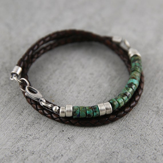 African Turquoise and Leather Bracelet for Men, Turquoise Bracelet