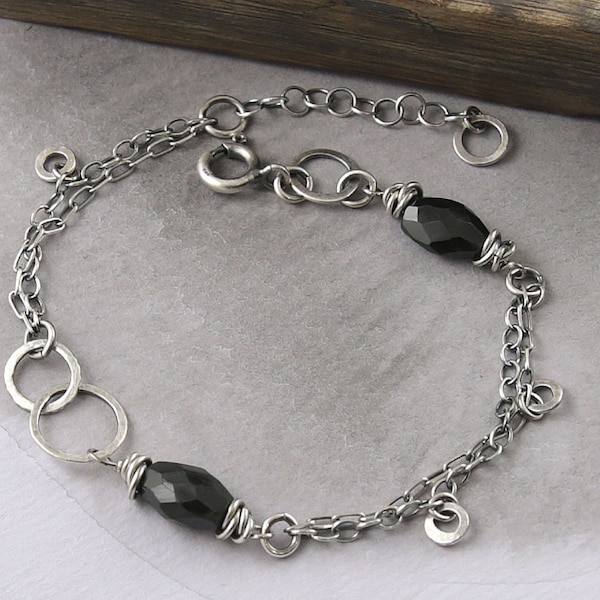 Black onyx bracelet, trending now simple everyday bracelet, sterling silver bracelets for women, oxidized silver chain bracelet