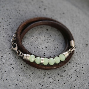 Bohemian everyday wrap bracelet, silver leather and mint chalcedony bracelet, multiwrap bracelet, leather wedding anniversary gift