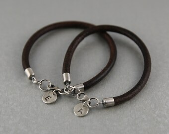 His and her jewelry, couples bracelet set, silver and leather bracelets, friendship bracelet, letter bracelet set, couples initials