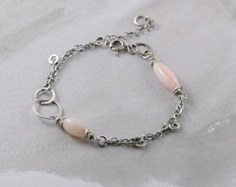 Pink opal bracelet, Oxidized sterling silver bracelet, Rustic hand made jewelry, Delicate multi chain bracelet, Modern bracelet for women