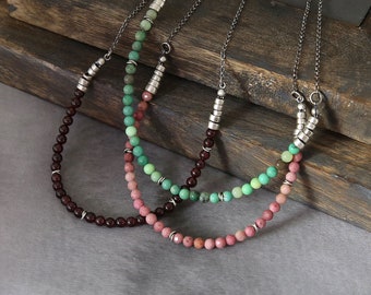 Handmade beaded necklace with sterling silver and rhodonite, garnet or chrysoprase, stunning necklace for women, best friend gifts