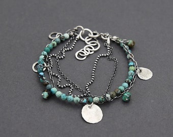 Turquoise Bracelet for Women – Handmade Sterling Silver, Multistrand Layering, Boho Luxury Jewelry