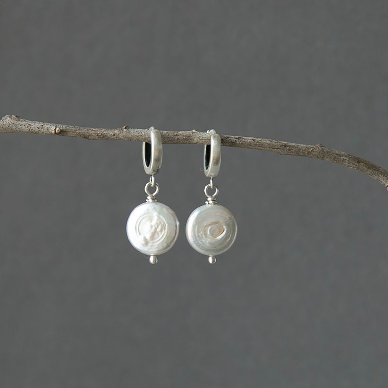 White Coin Pearl Earrings, Sterling Silver Classic Earrings for Women, Simple Pearl Earrings for Her, Natural Earrings, June Birthday Gift image 7