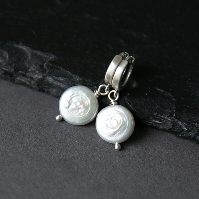 White Coin Pearl Earrings, Sterling Silver Classic Earrings for Women, Simple Pearl Earrings for Her, Natural Earrings, June Birthday Gift image 3