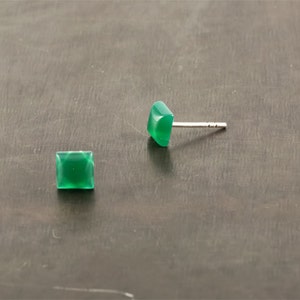 Square stud earrings, green agate stud earrings, sterling silver tiny ear studs, small simple modern everyday earrings