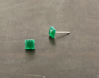 Square stud earrings, green agate stud earrings, sterling silver tiny ear studs, small simple modern everyday earrings