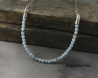 Aquamarine necklaces for women, trending now silver necklace for best friends, march birthday gift, bead bar necklace, Birthday gift