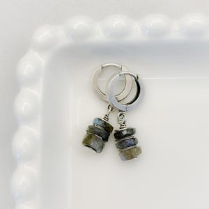 Labradorite hoop earrings | Oxidized sterling silver minimalist jewelry | Handmade gift for her | Natural stone small hoops