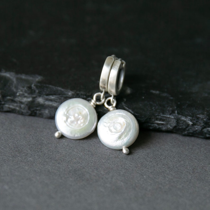 White Coin Pearl Earrings, Sterling Silver Classic Earrings for Women, Simple Pearl Earrings for Her, Natural Earrings, June Birthday Gift image 9