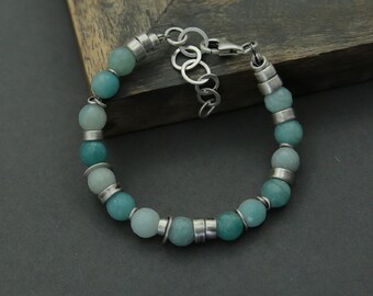 Rustic Amazonite Bracelet, Handmade 925 Silver Jewelry, Perfect March Birthstone Gift for Her