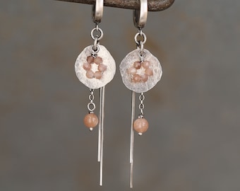 Sunstone earrings, boho bride earrings, stunning sunstone & sterling silver earrings, peach earrings, circle earrings