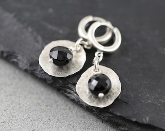 Black onyx earrings, comfortable earrings, 50th birthday gift for women, hammered sterling silver earrings, 2nd anniversary gift