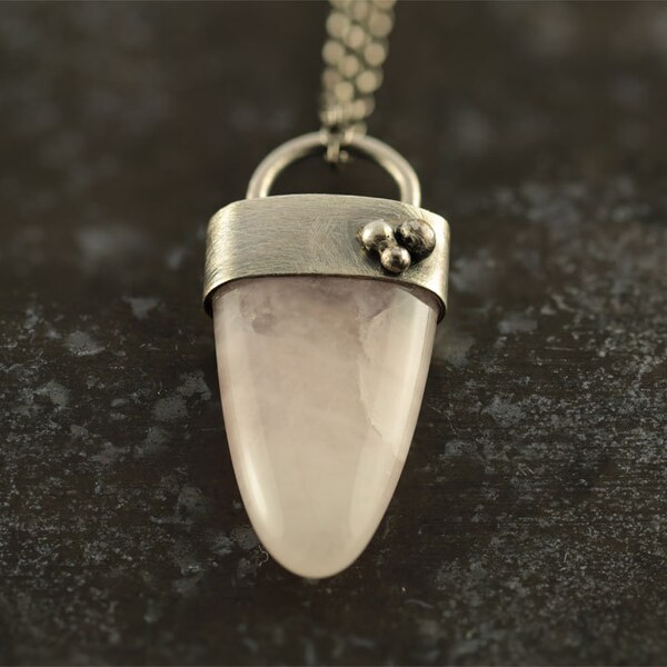 Silver necklace, pendant necklace, silver pendant, metalwork pendant, rose quartz bullet, statement necklace, stone pendant, gift for her
