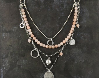 Trending now layered necklace set, peach sunstone crystal necklace, sterling silver bohemian necklace for women, birthday gift for her