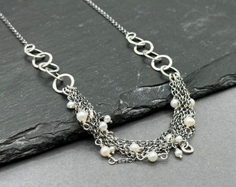 White pearl necklace silver Multi chain necklace with pearls Oxidized silver necklace for her Hand made necklace for women