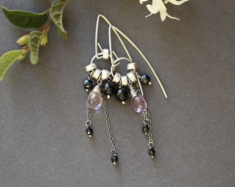 Pink amethyst and black tourmaline earrings, oxidized sterling silver earrings, hand made jewelry, everyday modern earrings