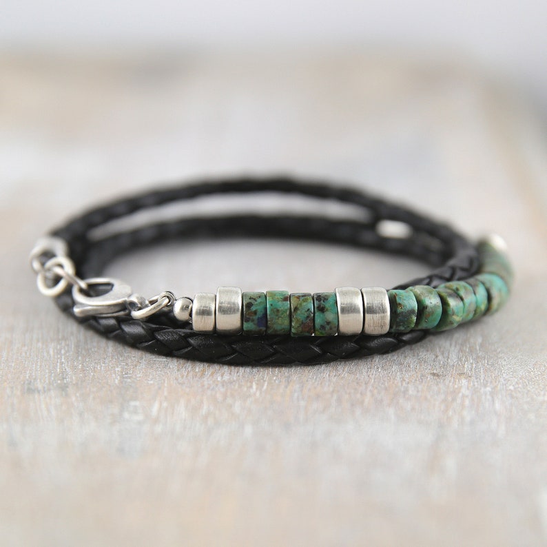African turquoise and braided leather bracelet for men, turquoise bracelet, birthday gift for him, mens bracelet, valentines gift for him image 9
