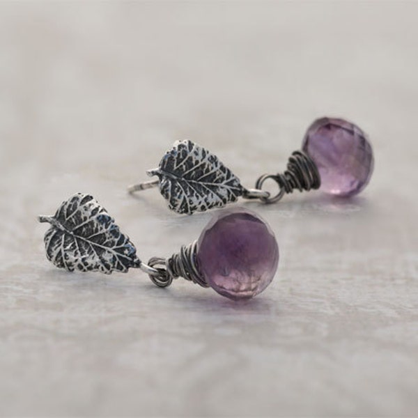 Wire wrapped earrings, silver drop earrings, dangle earrings, purple amethyst earrings, fashion jewelry, leaf earrings, post earrings