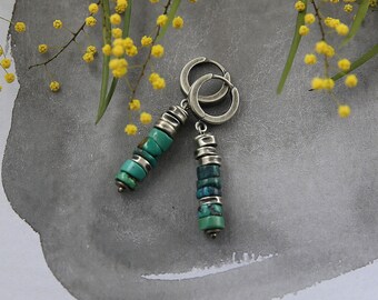 Turquoise bohemian earrings, cool everyday earrings, natural turquoise and sterling silver earrings, 50th birthday gift for women