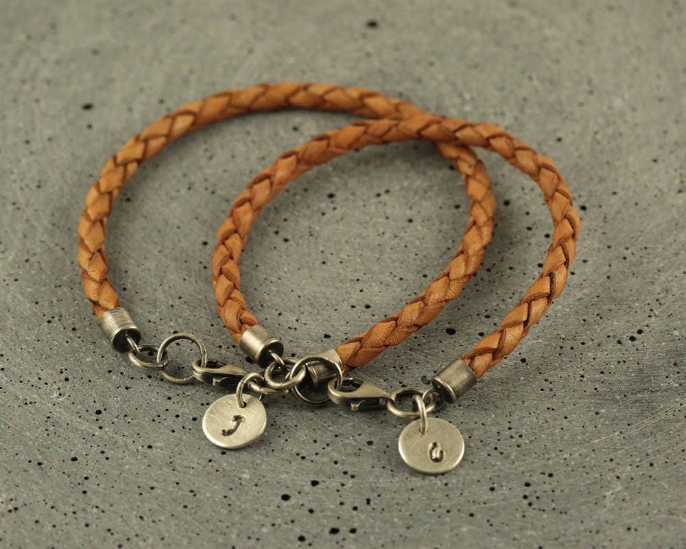 Matching Bracelets for Couples - Personalized Braided Leather with Oxidized Silver, Custom Initial Charms, Perfect Gift for Him & Her