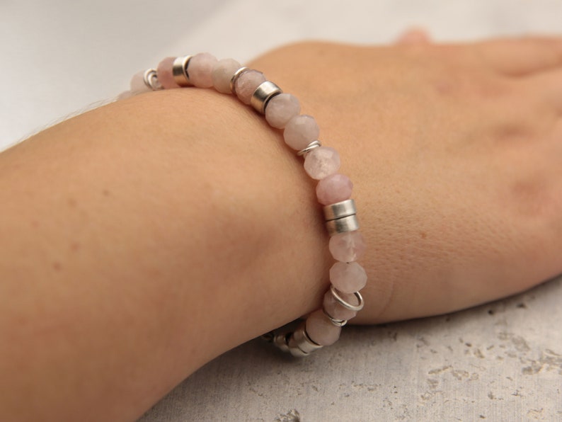 Rose quartz bracelet, January birthstone birthday gift for women, sterling silver love and friendship bracelet, luxury bracelet image 8