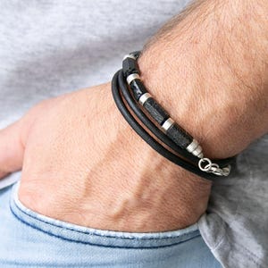 Black Leather Bracelet with Raw Black Tourmaline – Handmade Oxidized Sterling Silver Jewelry, Men’s Rugged Gift