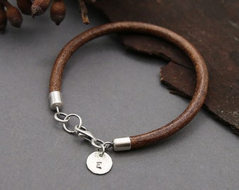 Personalized Leather Bracelet for Him – Sleek Sterling Silver Initial Bracelet – Unique Anniversary Gift Idea