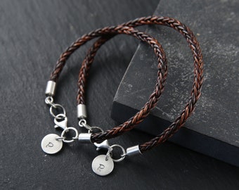 Couples Leather Bracelet Set: Personalized Sterling Silver Initial Charm