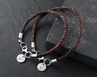 Ensemble de bracelets pour couple, bracelets en cuir assortis, bracelets en argent et en cuir, cadeau du 7e anniversaire pour homme, cadeau de la Saint-Valentin pour lui