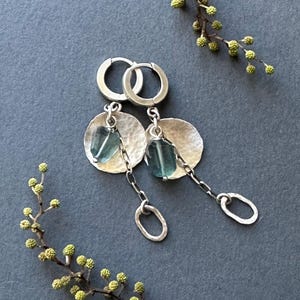 Green Fluorite Earrings in Sterling Silver, Handmade Oxidized Dangle Hoops with Hammered Discs and Textured Silver,  Unique Gemstone Jewelry