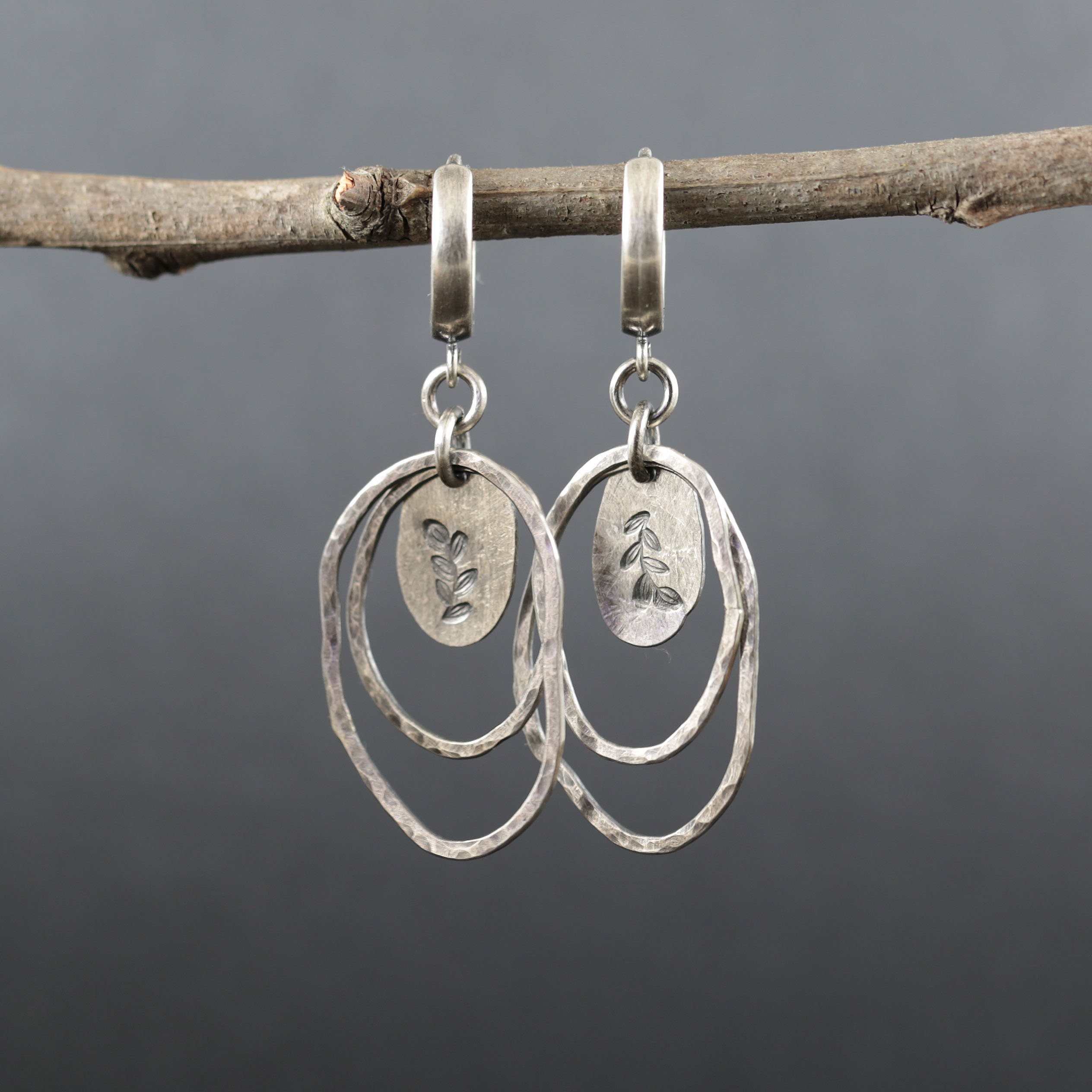 Sterling silver oval earrings with charm, bohemian earrings, multi oval earrings, 50th birthday gift for women, 3rd anniversary gift