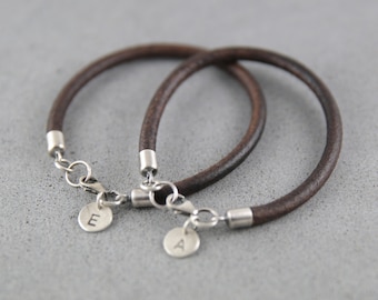 Personalized Leather Bracelet Set: Sterling Silver Initial Charm, Couples Gift