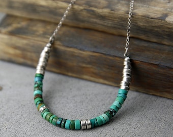 Natural Turquoise and Oxidized Sterling Silver Necklace, Rustic Turquoise Jewelry, Unique Gift for Her, Handmade Jewelry Necklace