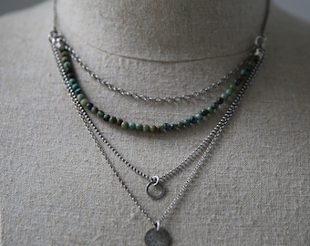 African turquoise necklace, boho necklace, multistrand necklace for women, raw silver necklace, layered necklace, statement necklace