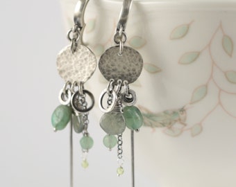 Green long earrings, sterling silver and natural stones earrings, rustic boho earrings, fabulous eco friendly earrings, gift for her